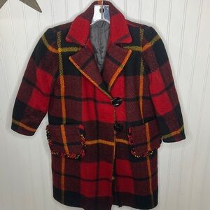 Wool Plaid Kids Pea Coat - Red and Black